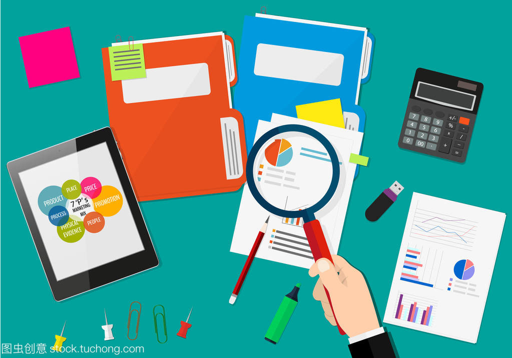 手拿放大鏡,財務報告的分析。金融審計的概念。審計稅務處理。市場營銷組合